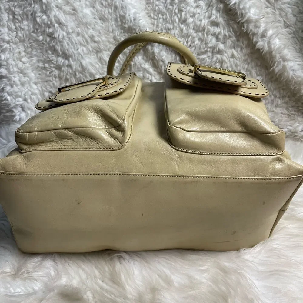 Badgley Mischka leather Beige extra large Satchel gold tone& brown stitch accent